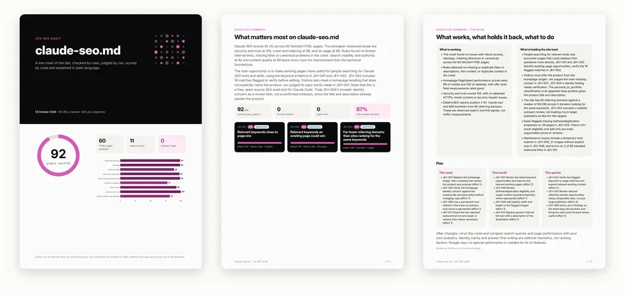 Cover, executive summary and plan pages of the PDF
